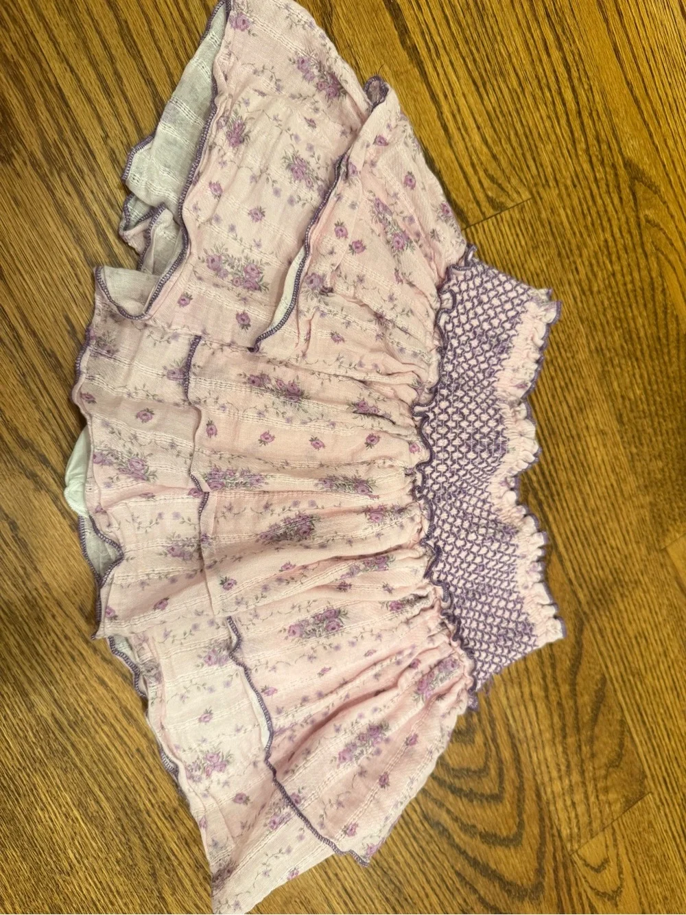 Katie J NYC Pink Floral Tiered Ruffle Skirt with Purple Smocked Waist